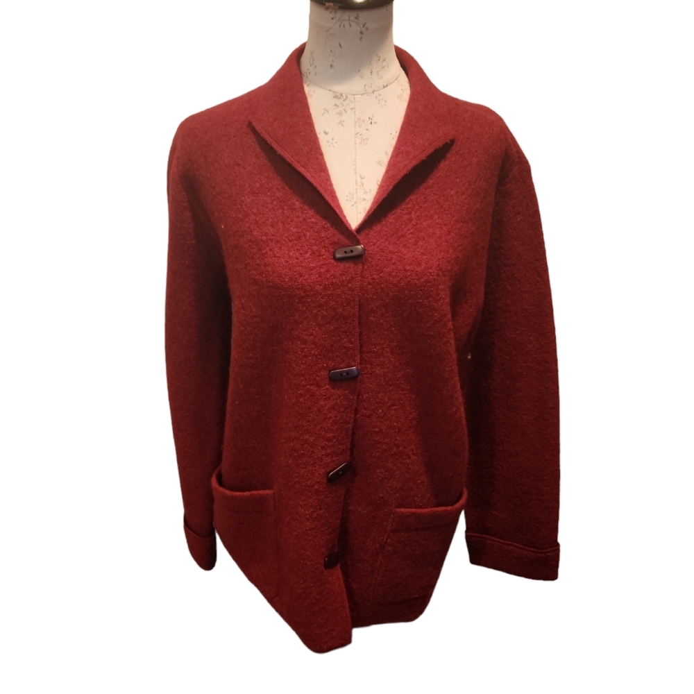 Jillian Jones Rust Red Boiled Wool Cardigan Jacket Size L